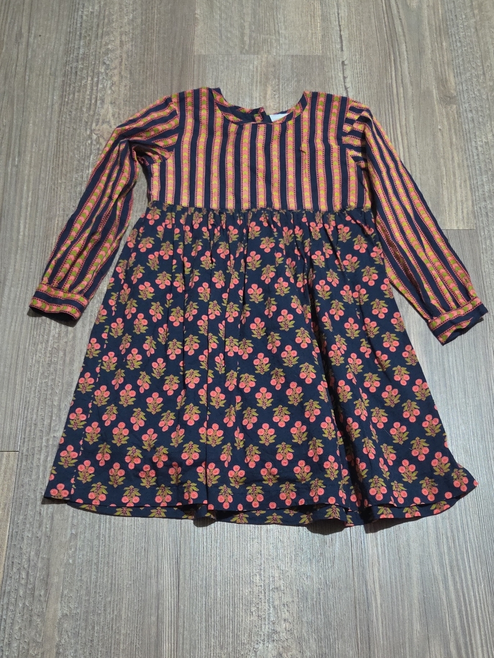 Girls' Yobaby Navy Floral & Stripe Long-Sleeve Dress